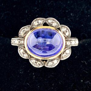 Sold! 14KT Yellow Gold Oval Bezel Set Tanzanite and Diamond Ring Floral Design